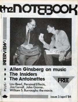 Cover of April 1984 issue of Pat Thomas zine "The Notebook." Cover picture shows Pat Thomas interviewing Allan Ginsberg.