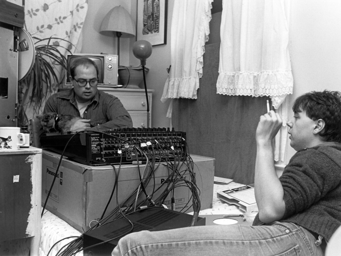 Duane Sherwood at the board in our spare bedroom on Hall Street. Bob Martin is listening to playback of "This Is It" sessions.