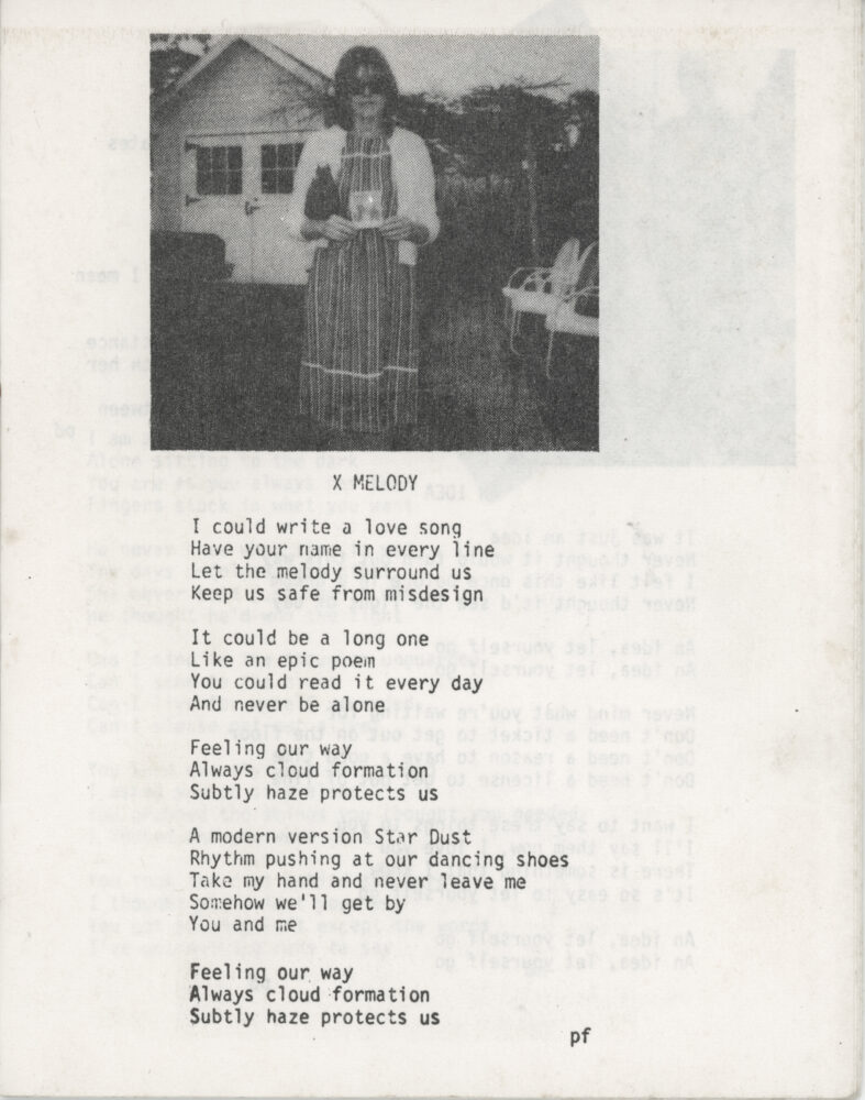 Peggi Fournier with her lyrics to "X-Melody" from Personal Effects "This Is It" album 1984