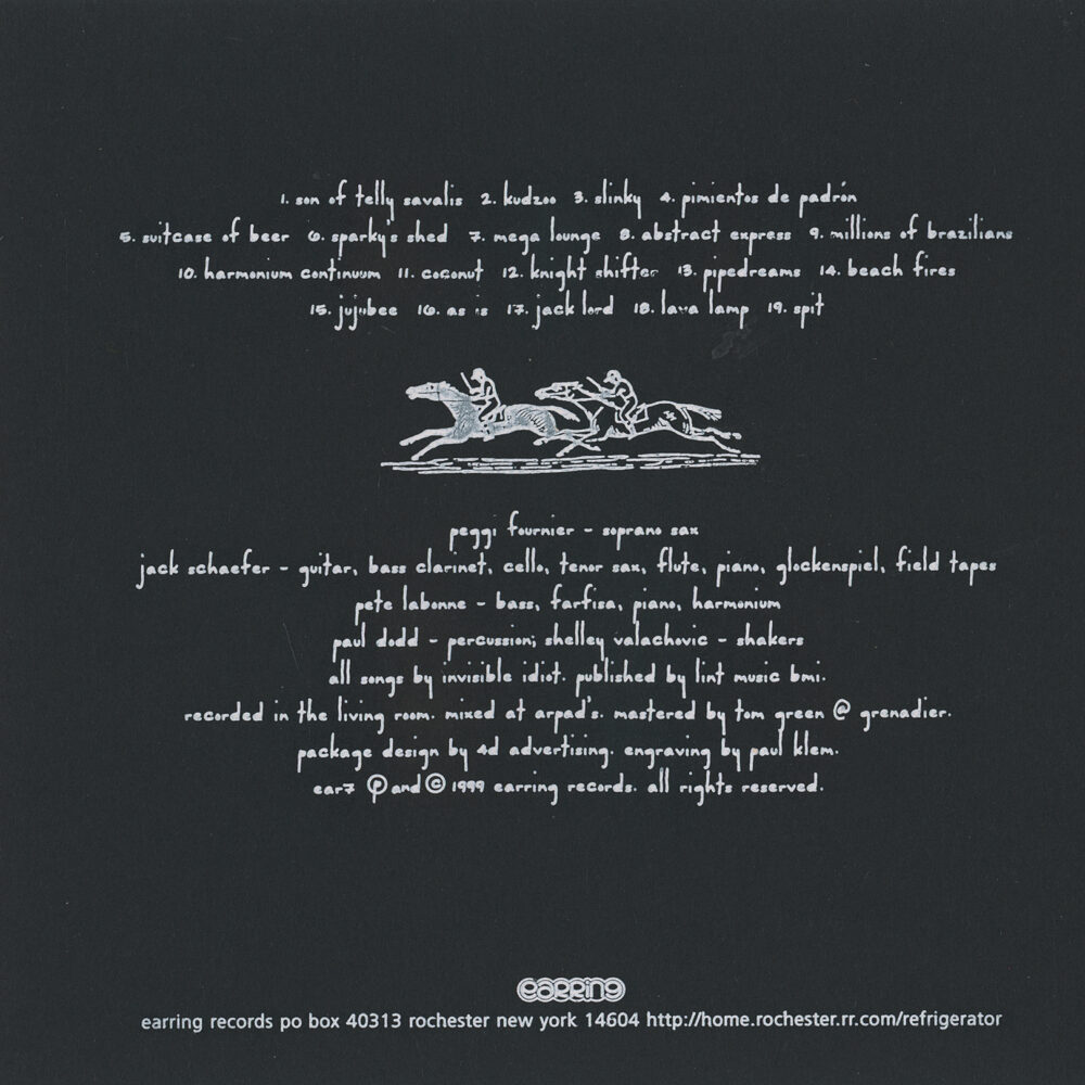 InvisibleIdiot CD back cover with metal engraving printed in white on black and brown duplex stock. Printing by Paul Klem.