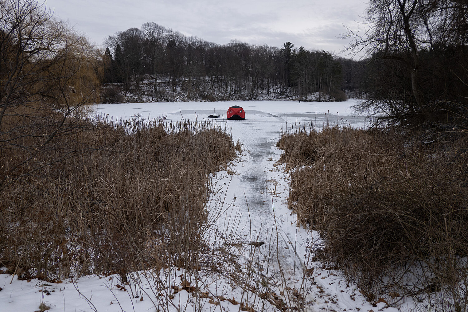 Red tent on frozen Durand Lake