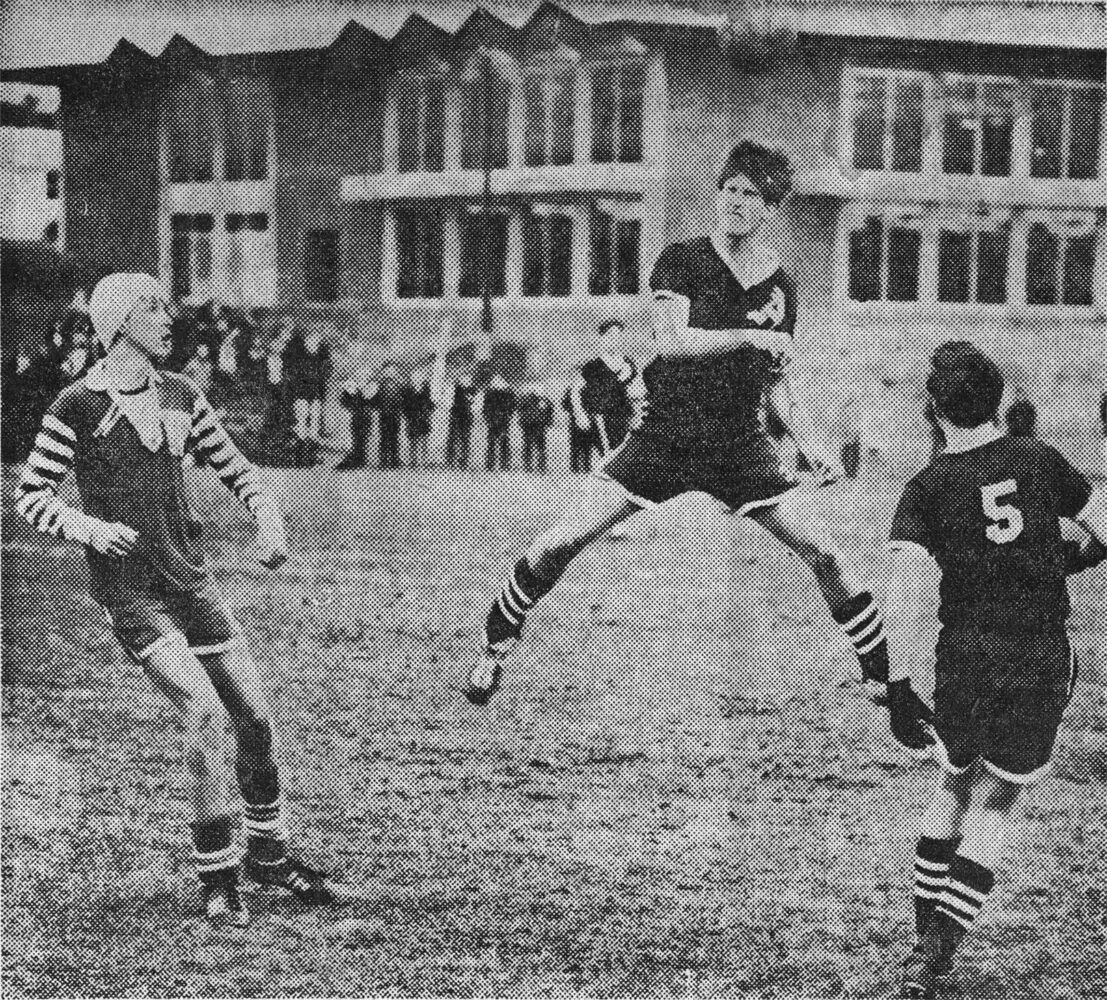 PERFECT TIMING-John Sillay of Greece Arcadia, center, goes to the air for a head ball during yesterday's Section 5 Soccer Class A semifinal round at Roberts Wesleyan College. Following the play are Don Earl (5) of Greele Arcadia and Webster's Steve Jacque, left, Webster eliminated them 4-0 and will play Gates-Chili for the title.WEBSTER HERALD November 15, 1967 D&C Photo by Jim Osborne